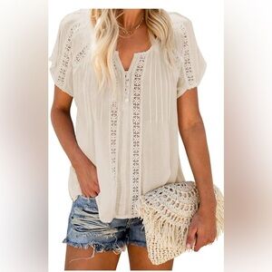 Women's V-Neck Lace Crochet Eyelet Tops Short Sleeve Casual Shirts Blouses XL